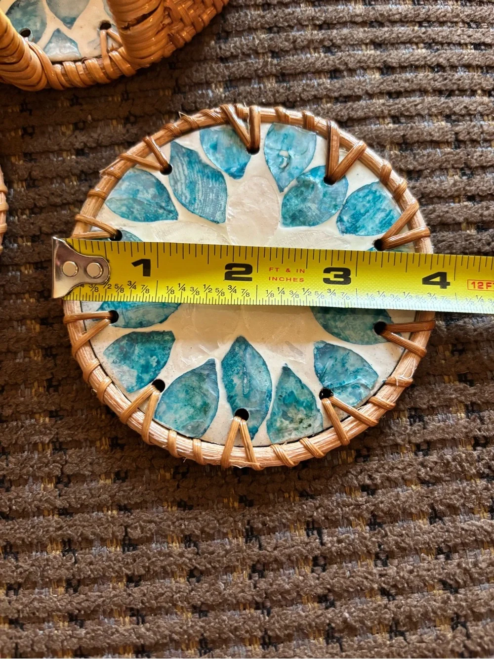 handwoven rattan coaster set of 6  mother-of-pearl floral mosaic inlay